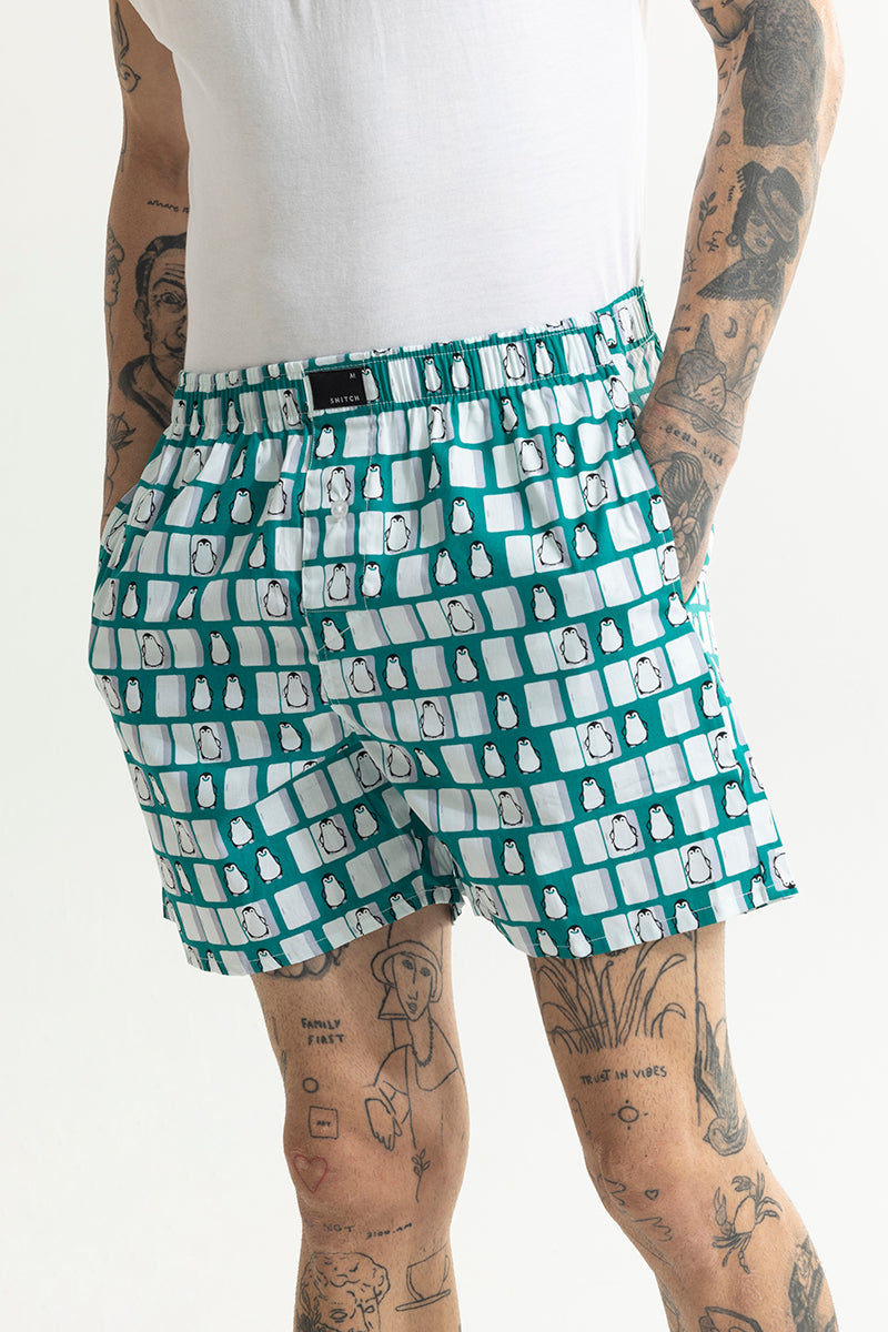 Buy Men s Penguin Box Print Teal Green Boxer Online SNITCH