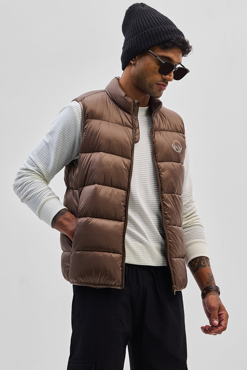 Buy Men s Brown Sleeveless Puffer Vest Online Snitch SNITCH