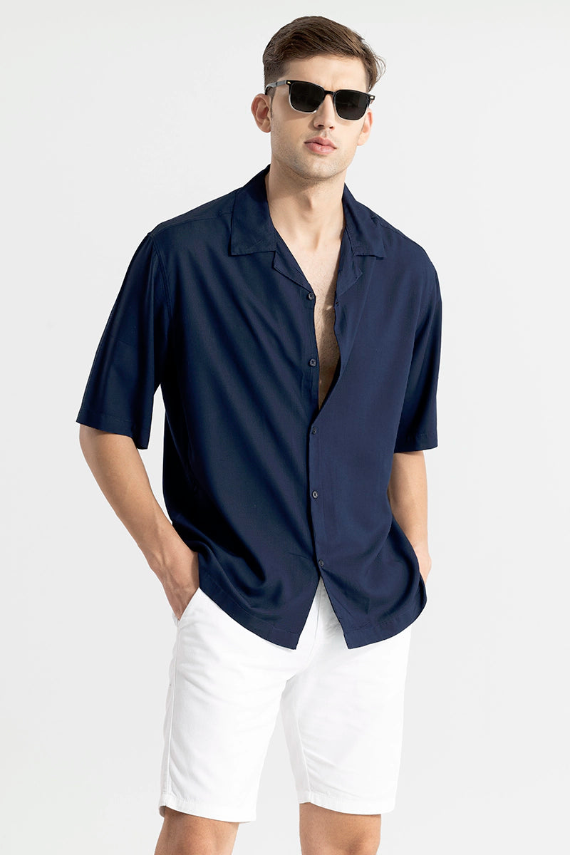 Navy Blue Oversized Stripe Rayon Shirt