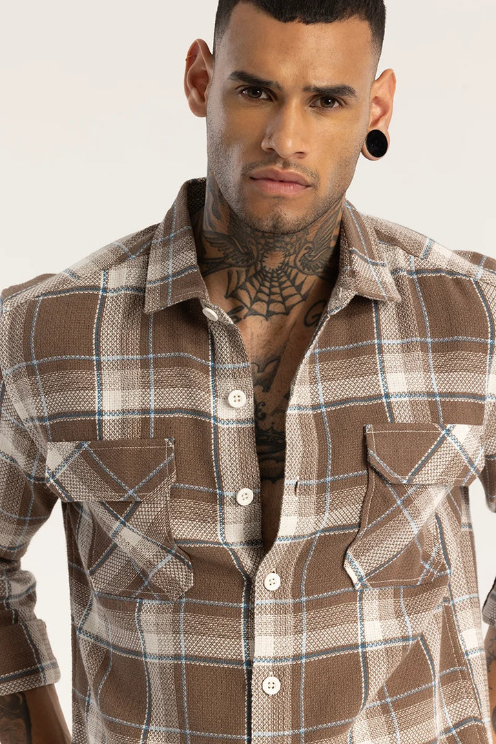 Brown Double Pocket Checks Shirt