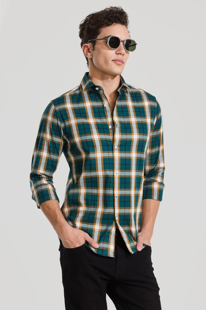 Dark Green Checks Slim Fit Shirt