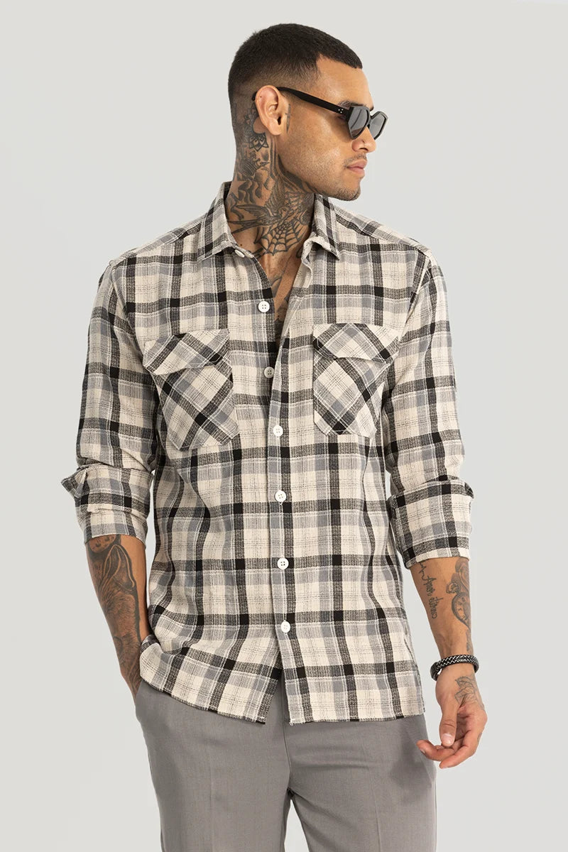 Cream Double Pocket Checks shirt