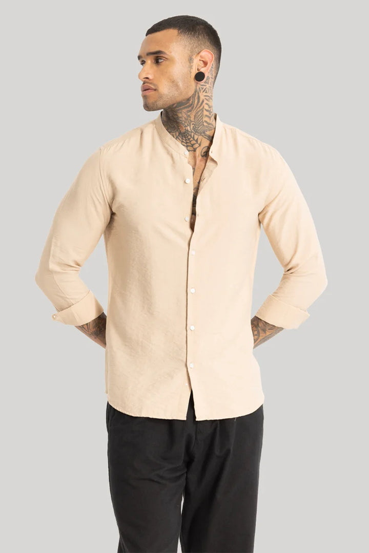 Beige Crushed Mandarin Collar Shirt