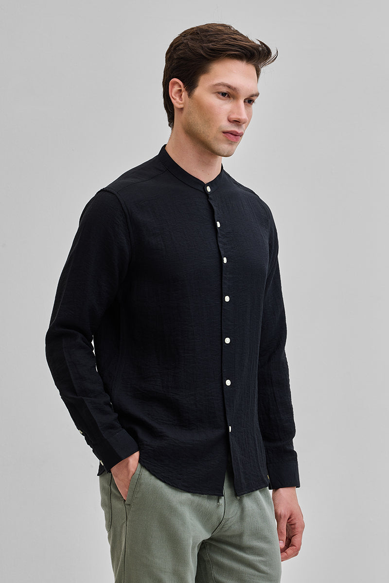 Black Mandarin Linen Blend Shirt