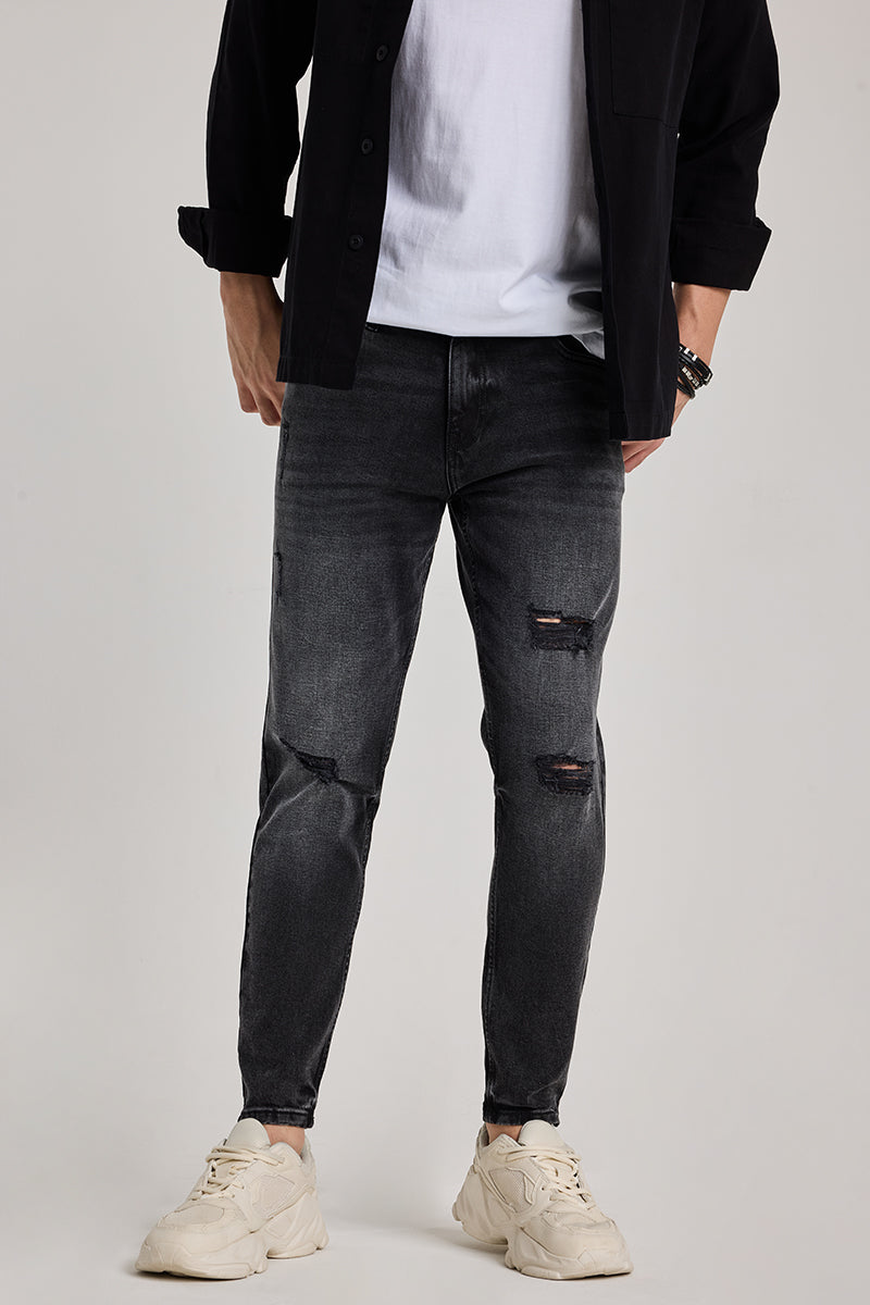 Charcoal Grey Distressed Tapered Fit Jeans