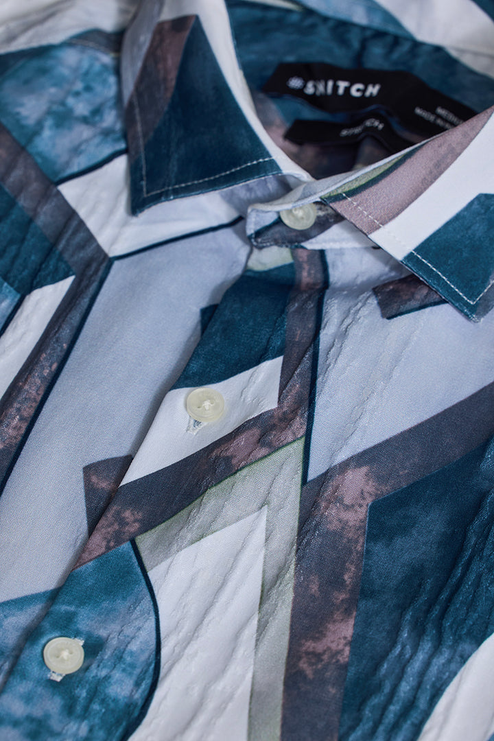 Teal Abstract Slim Fit Shirt