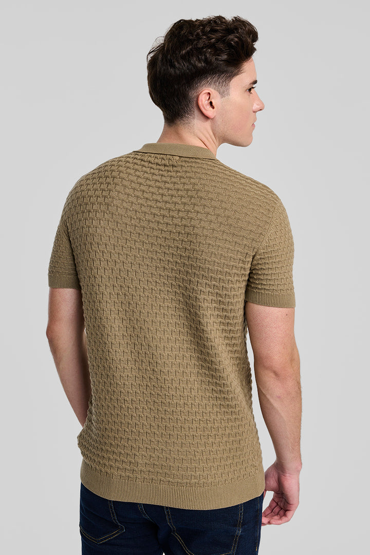 Khaki Zipper Knitted Polo T-Shirt