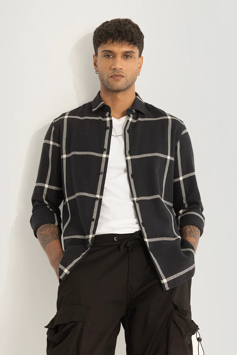 Black Slim Fit Checks Shirt