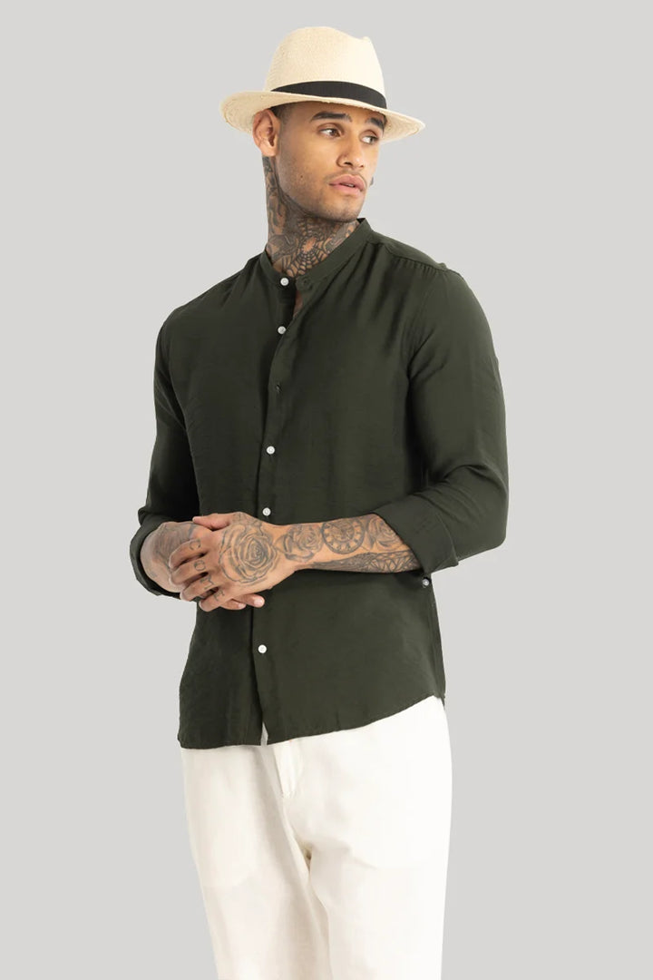 Olive Crushed Mandarin Collar Shirt