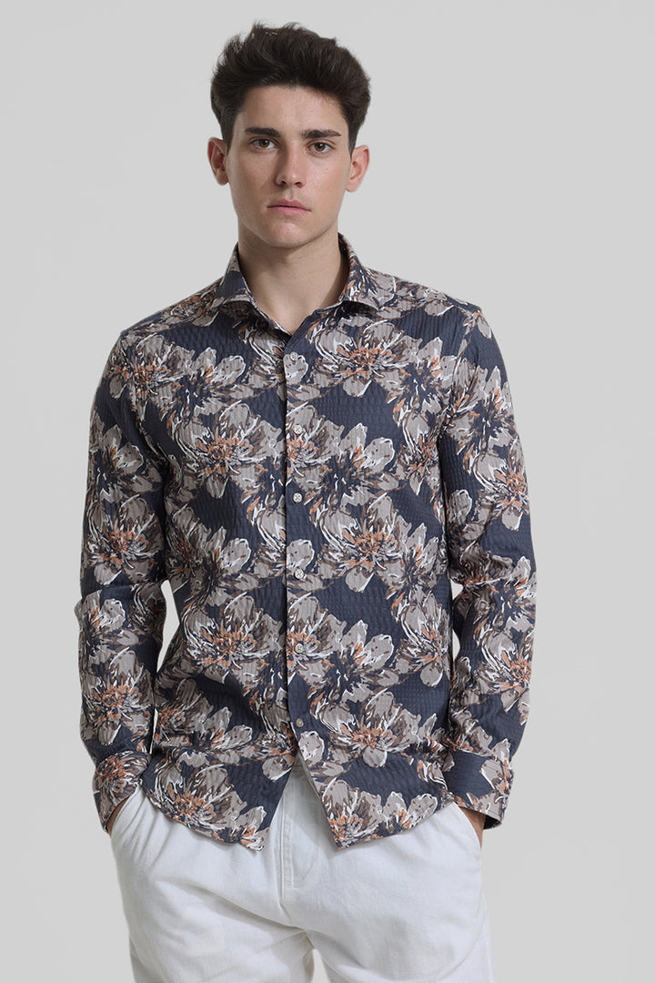 Charcoal Grey Floral Slim Fit Shirt