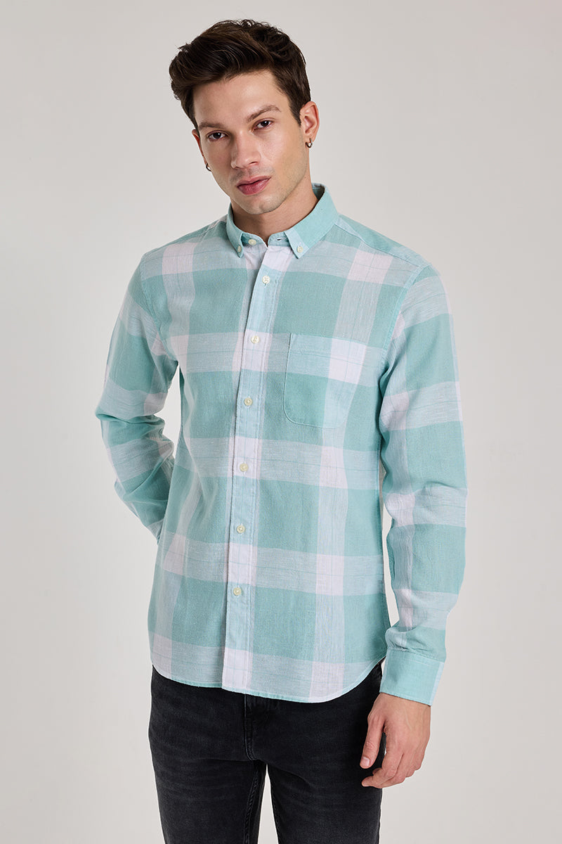 Turquoise Checks Linen Blend Shirt