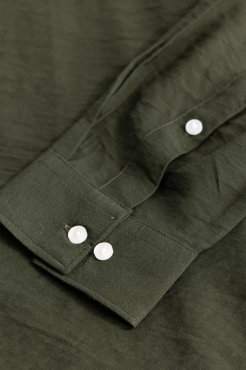 Olive Crushed Mandarin Collar Shirt