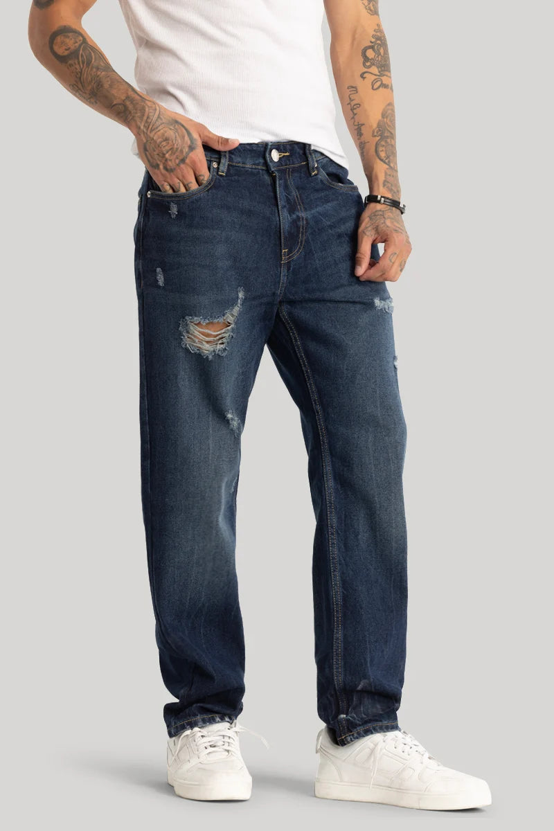 Navy Distressed Relaxed Fit Jeans