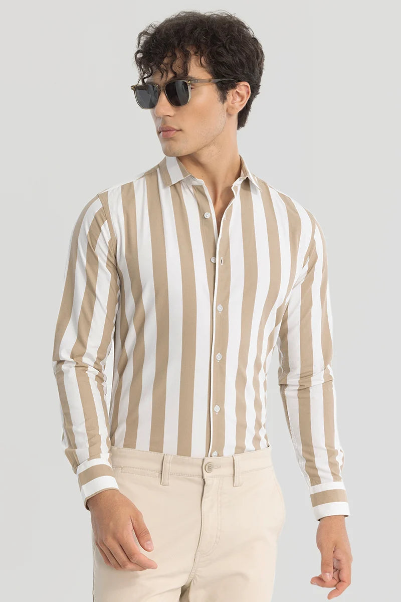 Beige Slim Fit Stripes Shirt