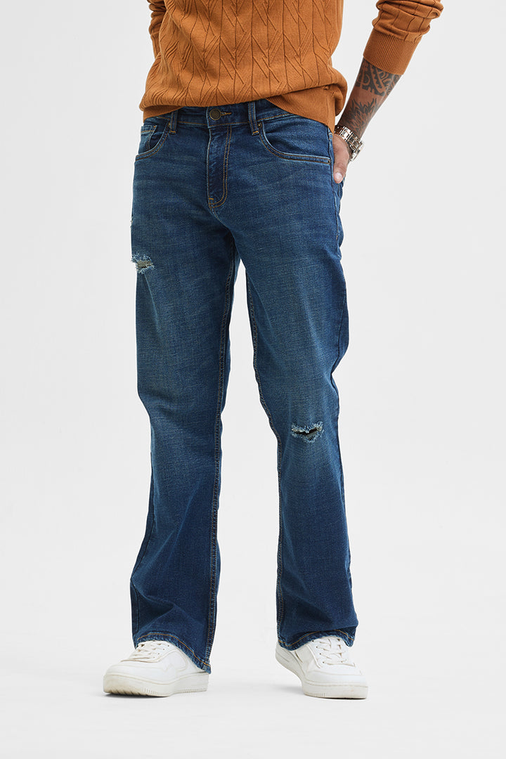 Dark Blue Distressed Bootcut Jeans