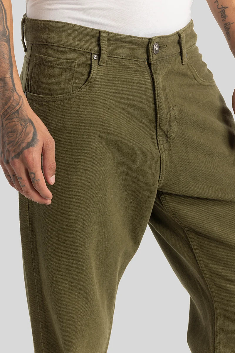 Olive Plain Baggy Fit Jeans