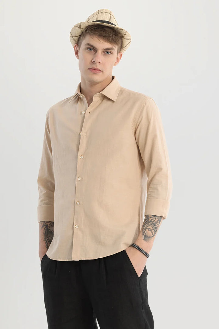 Beige Plain Linen Blend Shirt