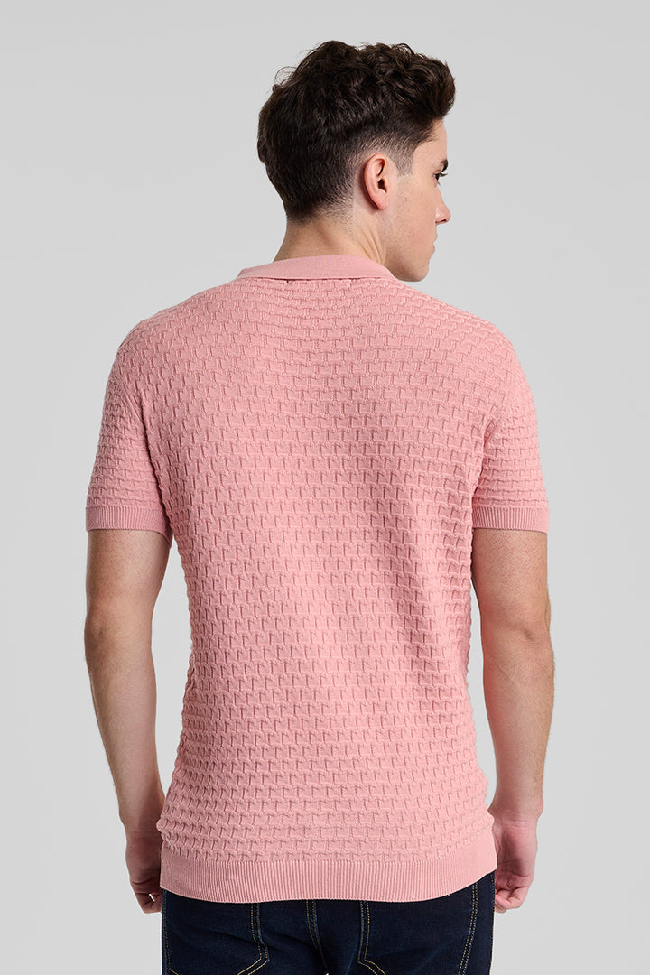 Light Pink Zipper Knitted Polo T-Shirt