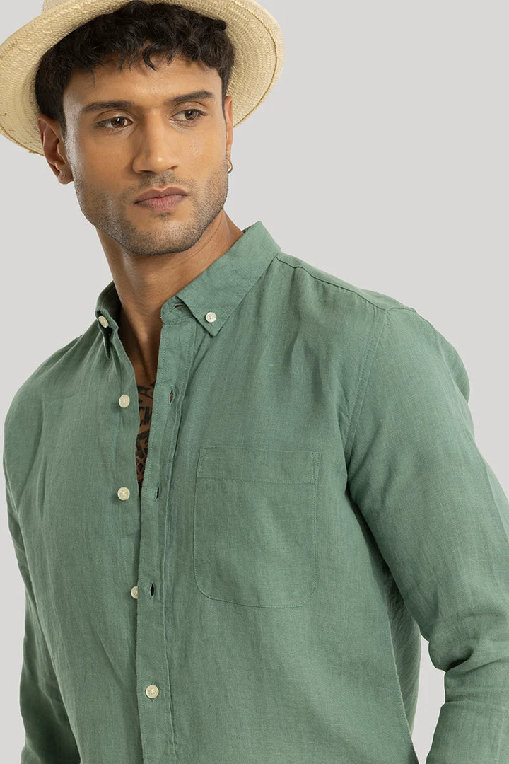 Elementary Green Plain Pure Linen Shirt