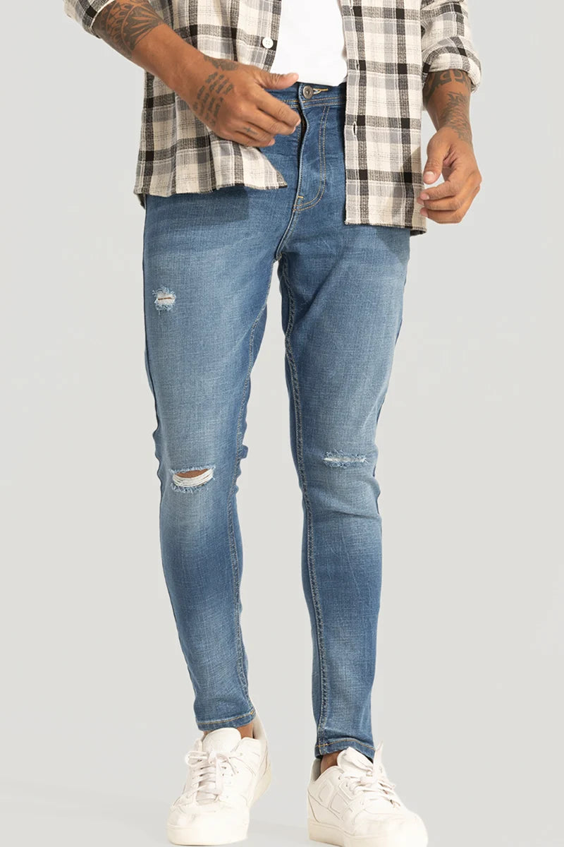 Denim Blue Distressed Skinny Fit Jeans