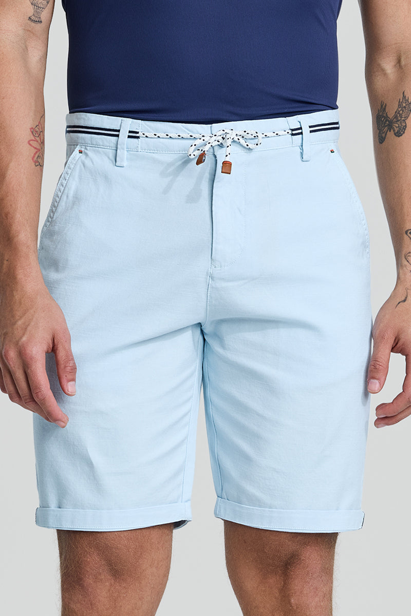 Light Blue Plain Linen Regular Fit Shorts