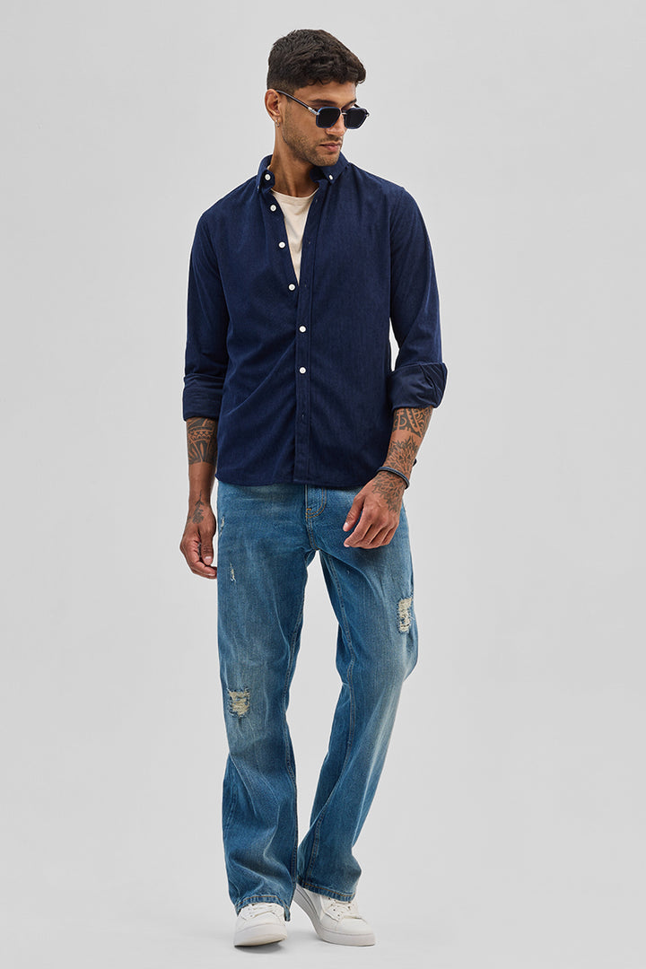 Dark Blue Slim Fit Corduroy Shirt