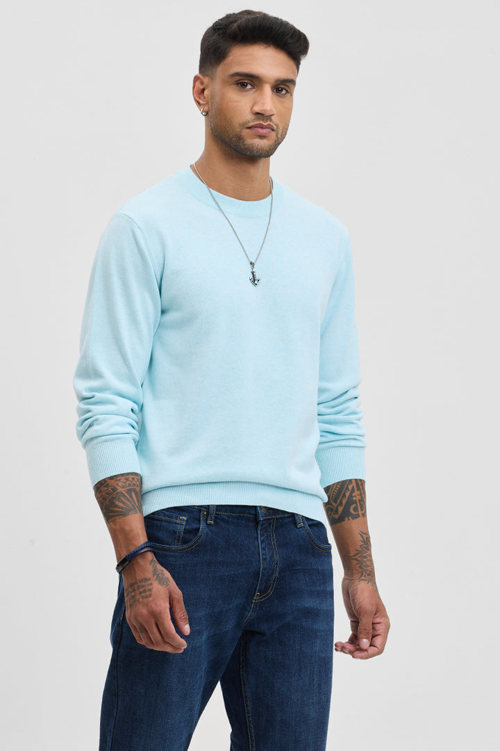 Light Blue Solid Slim Fit Sweater