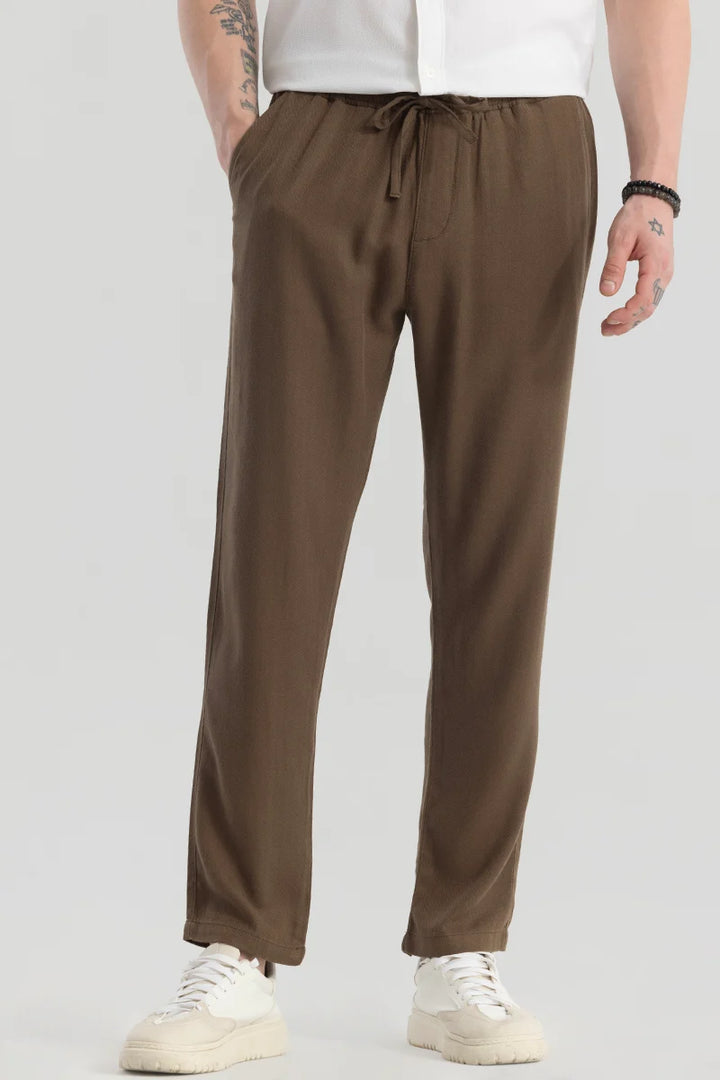 Ragna Brown Plain Relaxed Fit Joggers