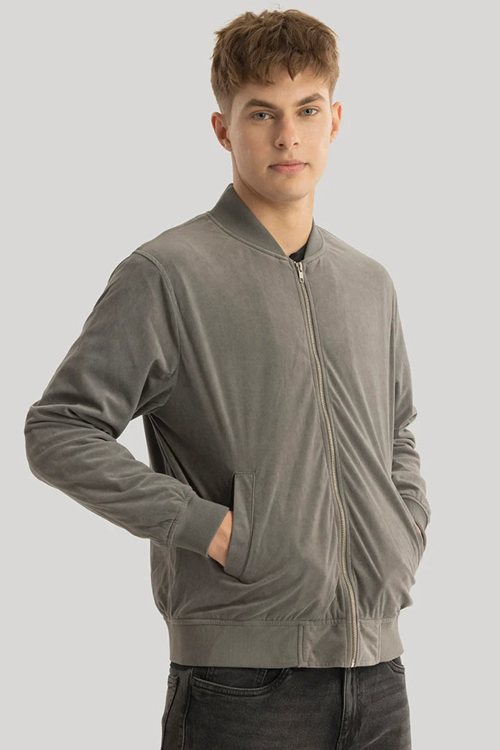 SleekSuede Grey Plain Bomber Jacket