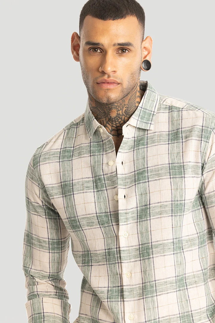 Green Linen Blend Checks Shirt