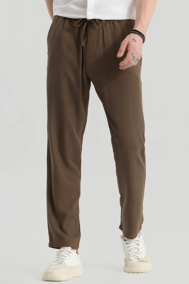 Ragna Brown Plain Relaxed Fit Joggers