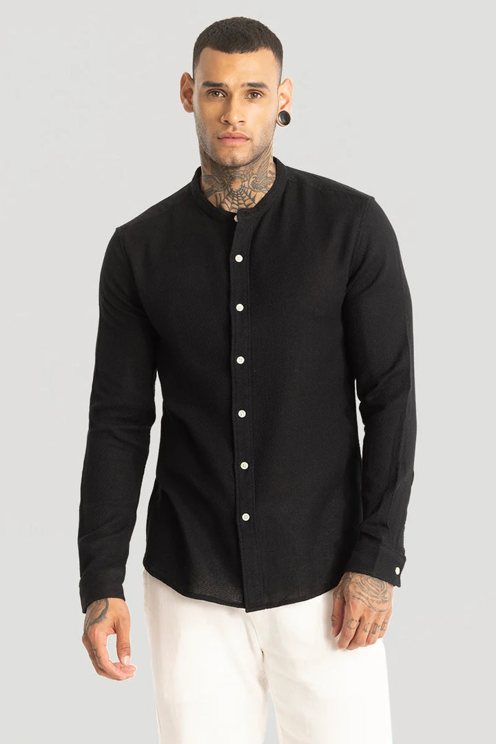 Black Woven Mandarin Shirt