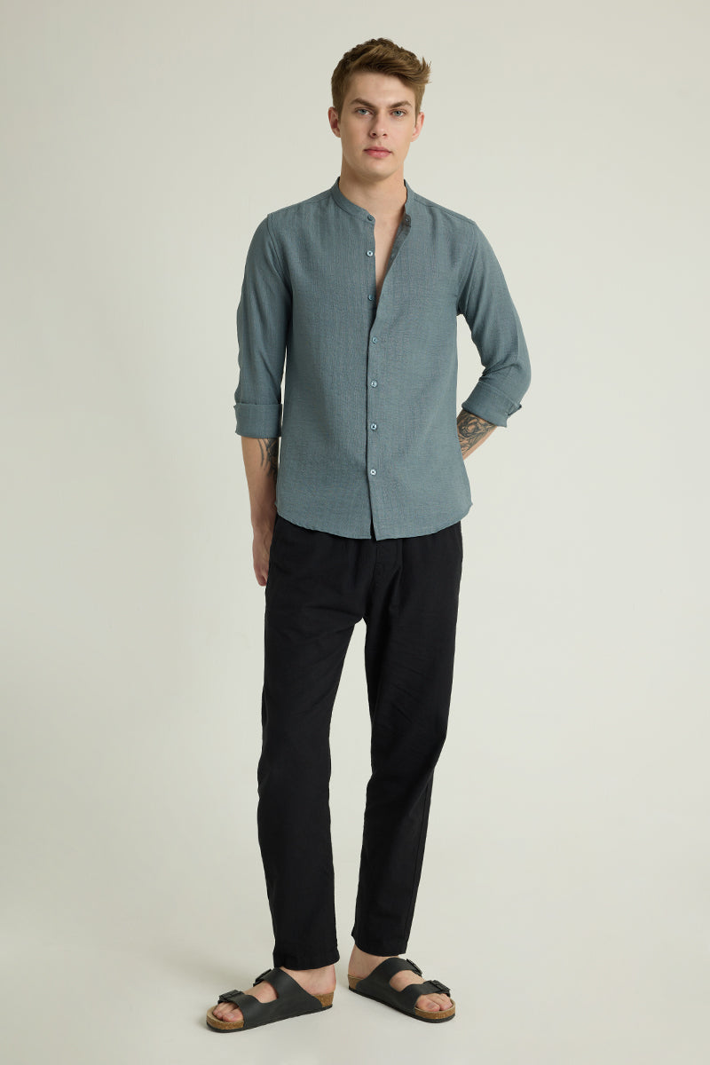 Teal Mandarin Self Stripe Shirt