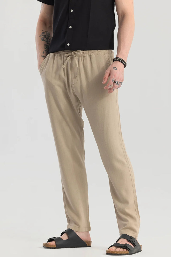 Ragna Beige Plain Relaxed Fit Joggers