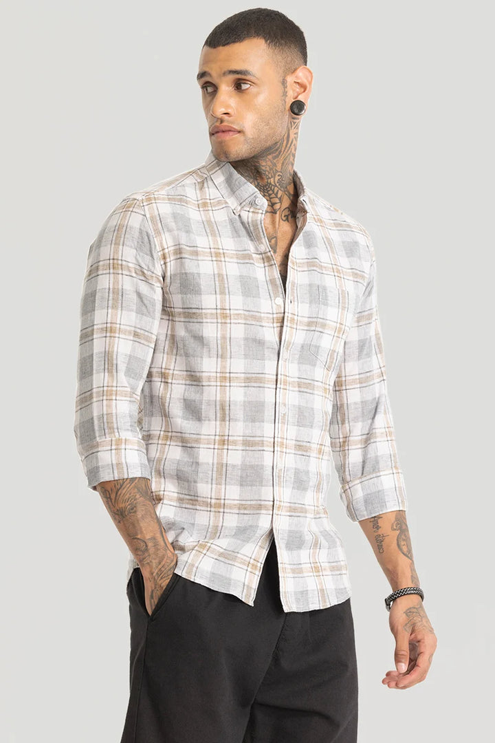 Grey Linen Blend Checks Shirt