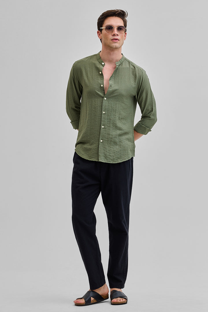 Olive Mandarin Linen Blend Shirt