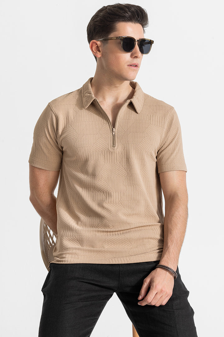 Beige Textured Polo T-Shirt