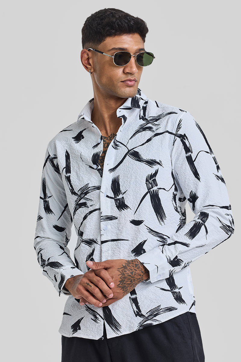 White Abstract Printed Slim Fit Shirt