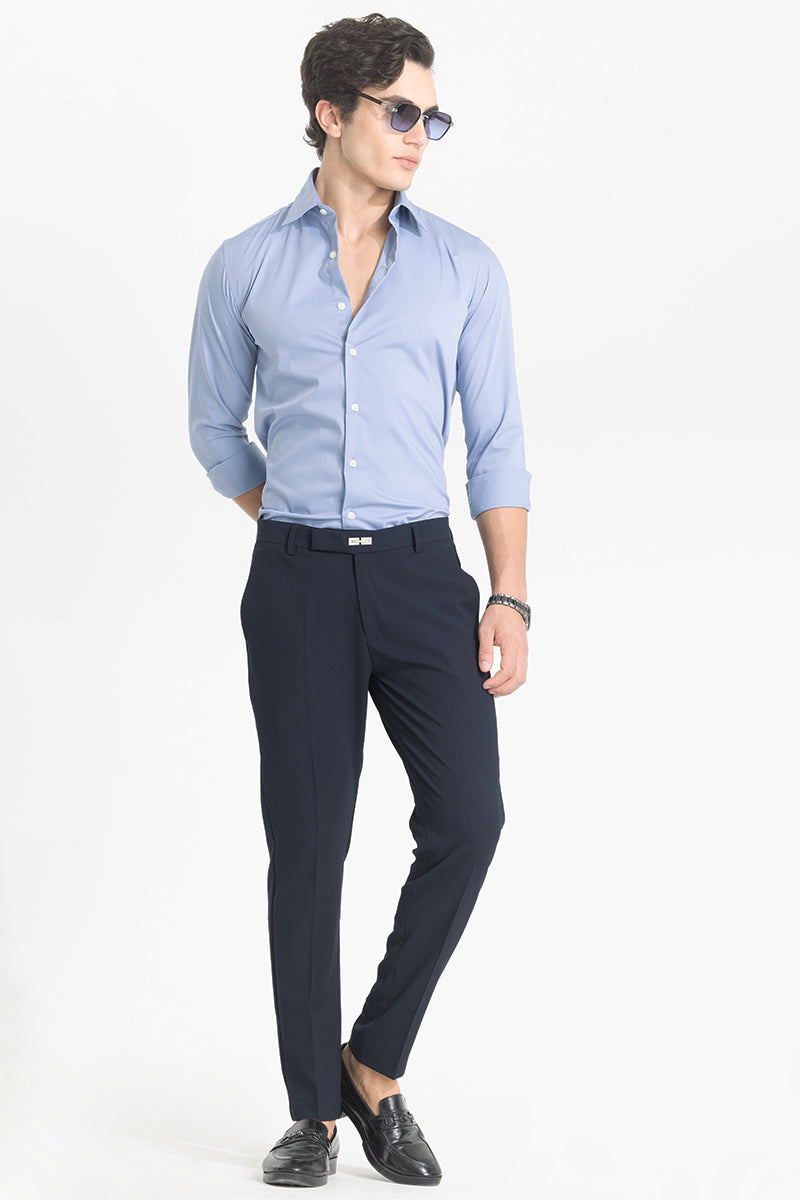 Dark Blue Self-Design Formal Trousers