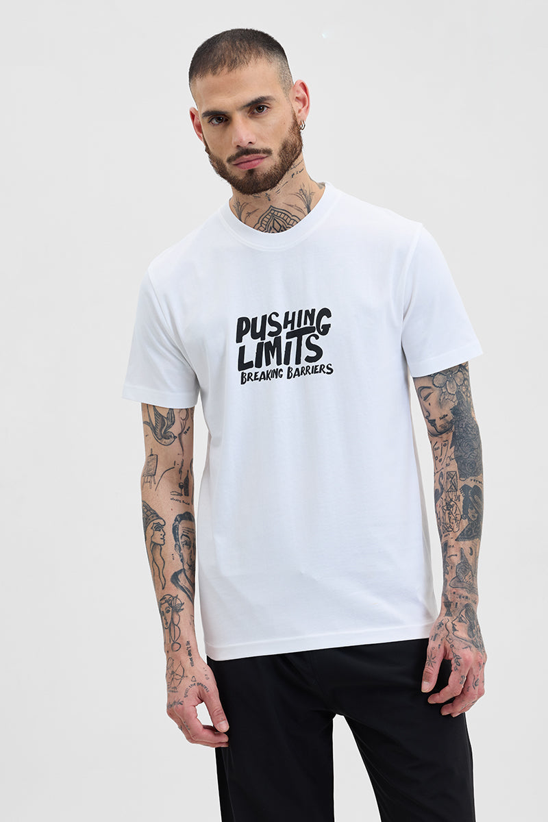 Pushing Limits White Printed Slim Fit T-Shirt