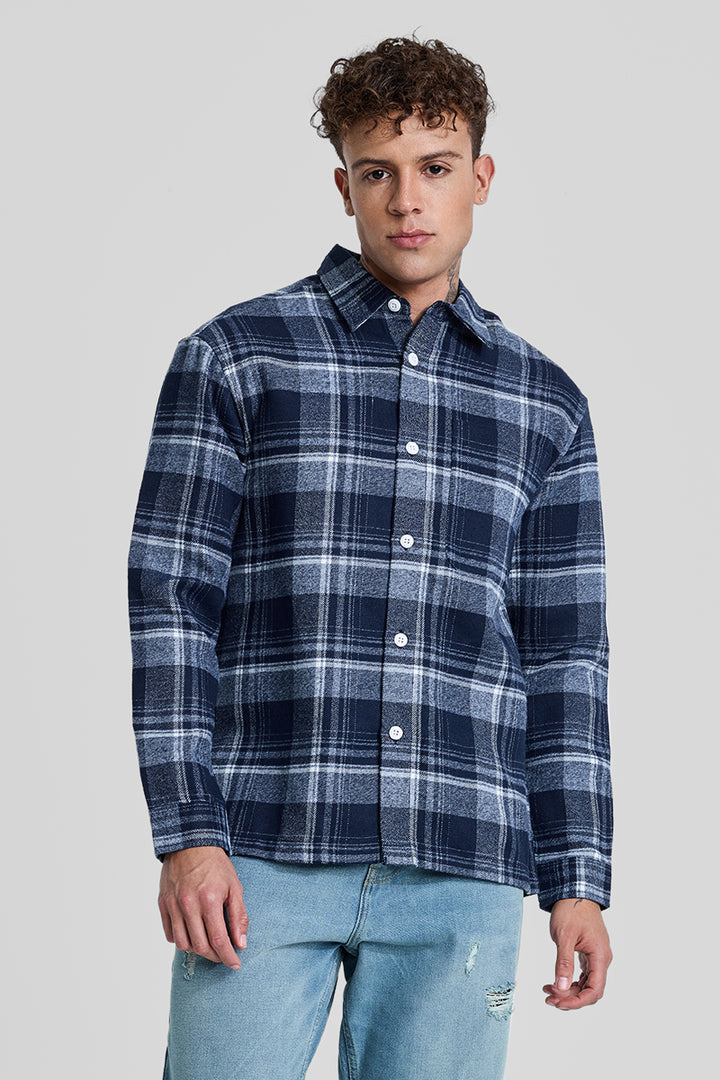 Navy Plaid Box Fit Flannel Shirt