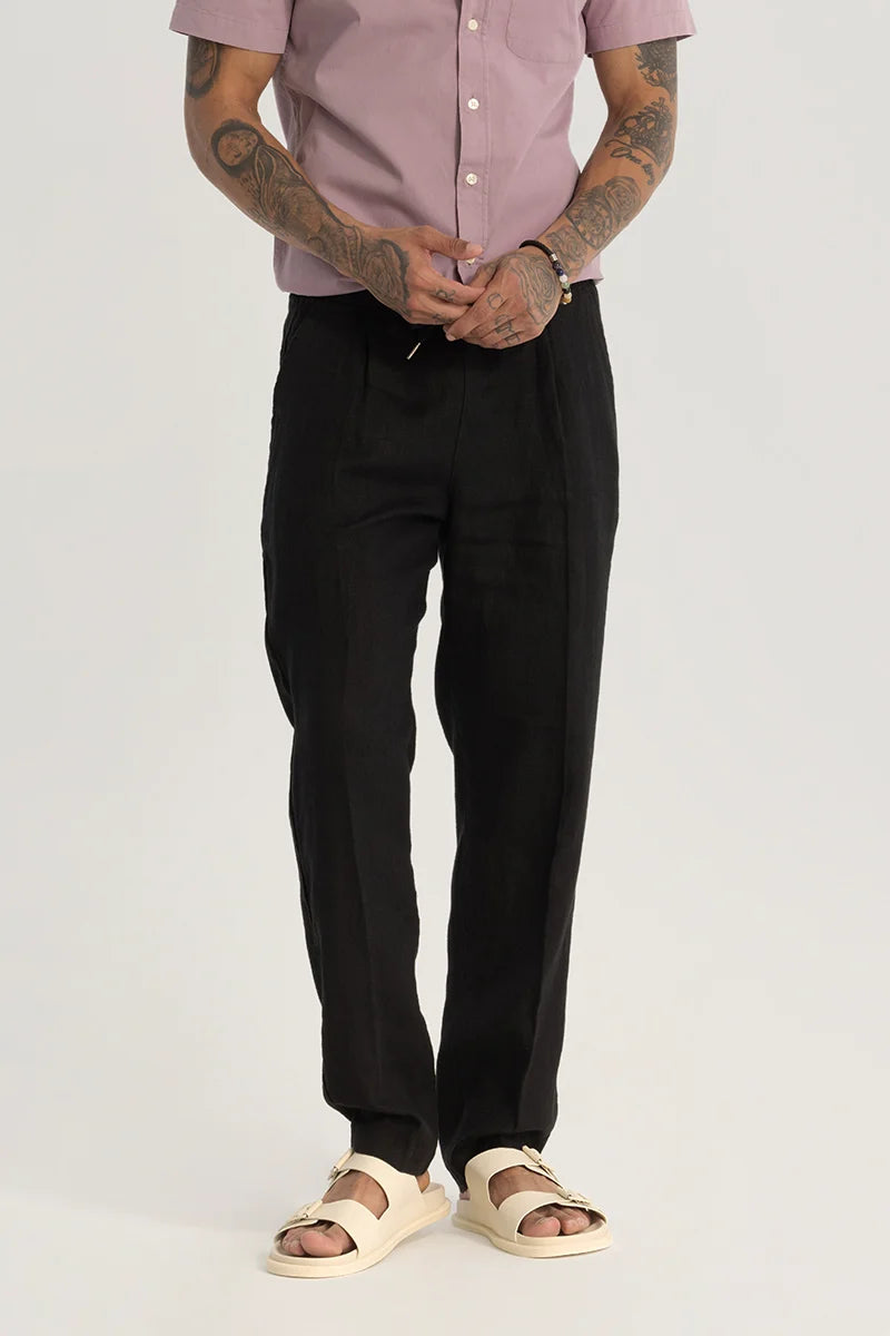 Black Relaxed Fit Linen Trousers