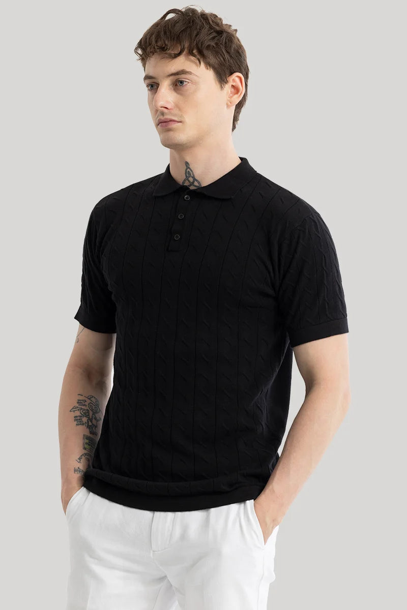 Fresco Black Knitted Polo T-Shirt