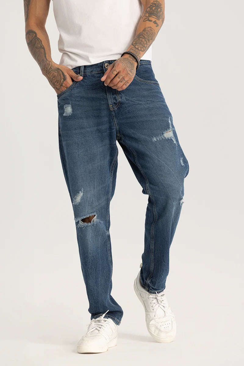 Dark Blue Distressed Baggy Fit Jeans