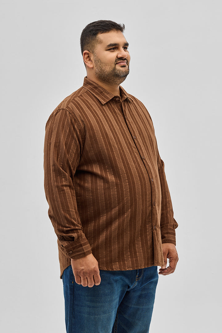 Brown Stripes Corduroy Plus Size Shirt