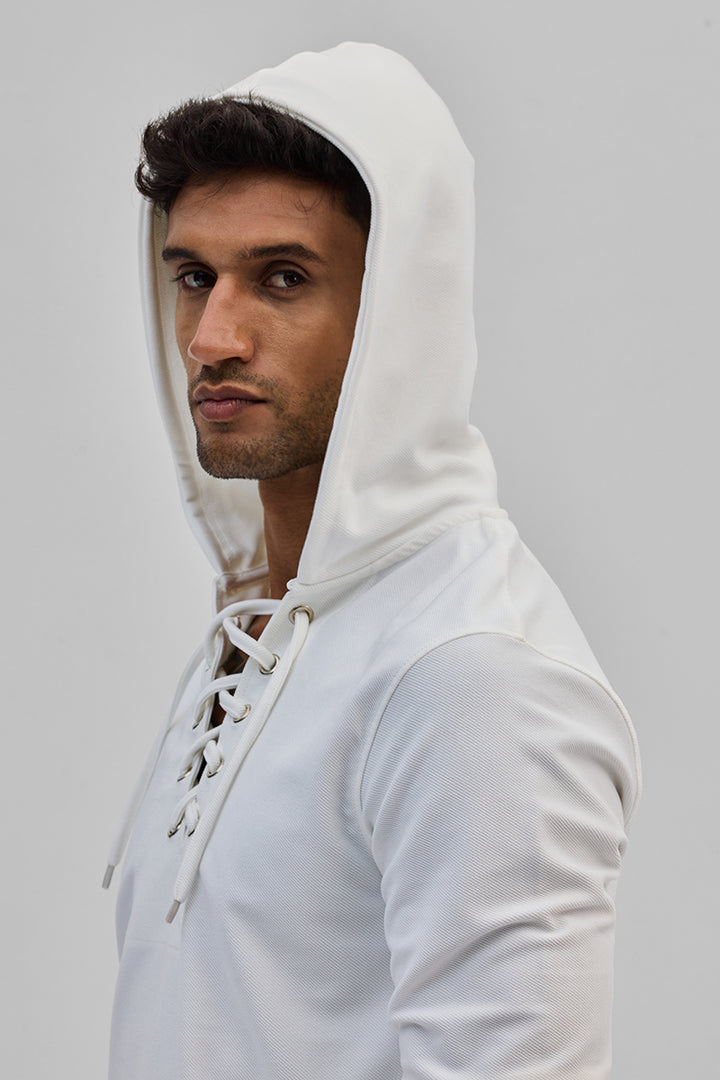 White Lace-Up Textured Hoodie