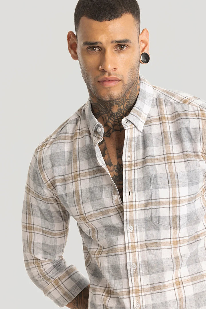 Grey Linen Blend Checks Shirt