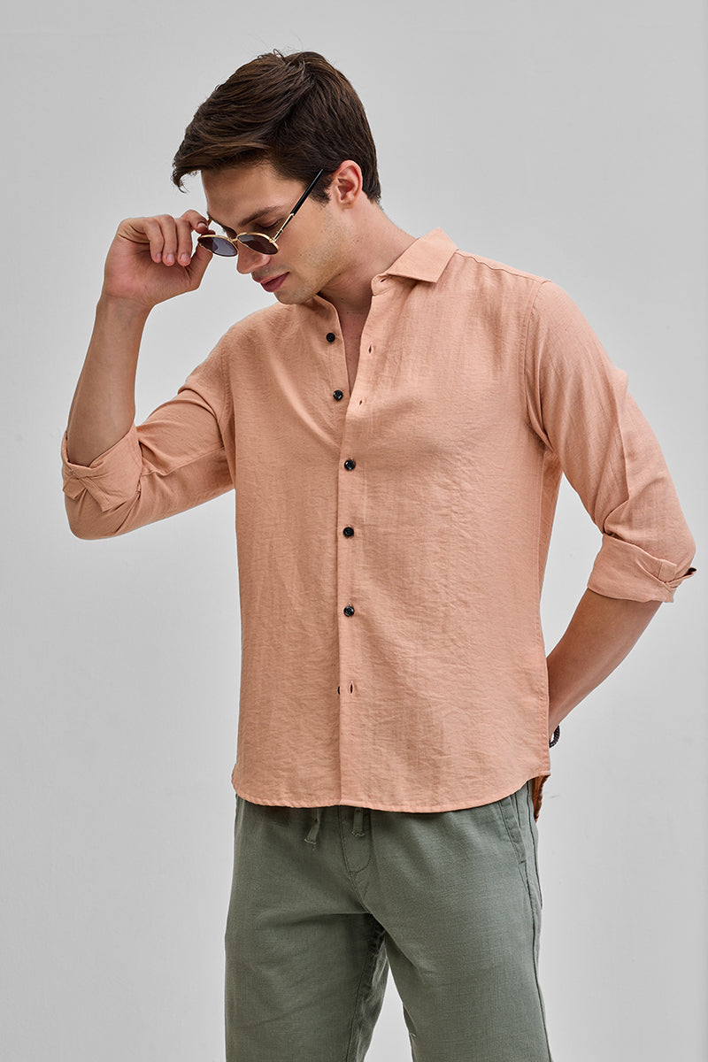 Peach Textured Linen Blend Shirt