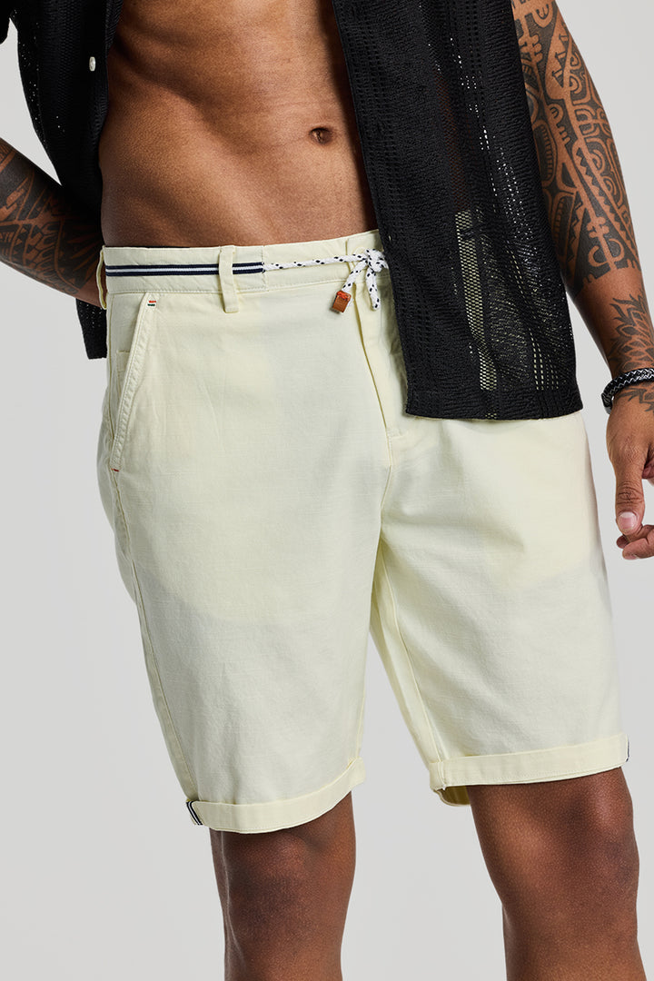 Cream Plain Linen Regular Fit Shorts