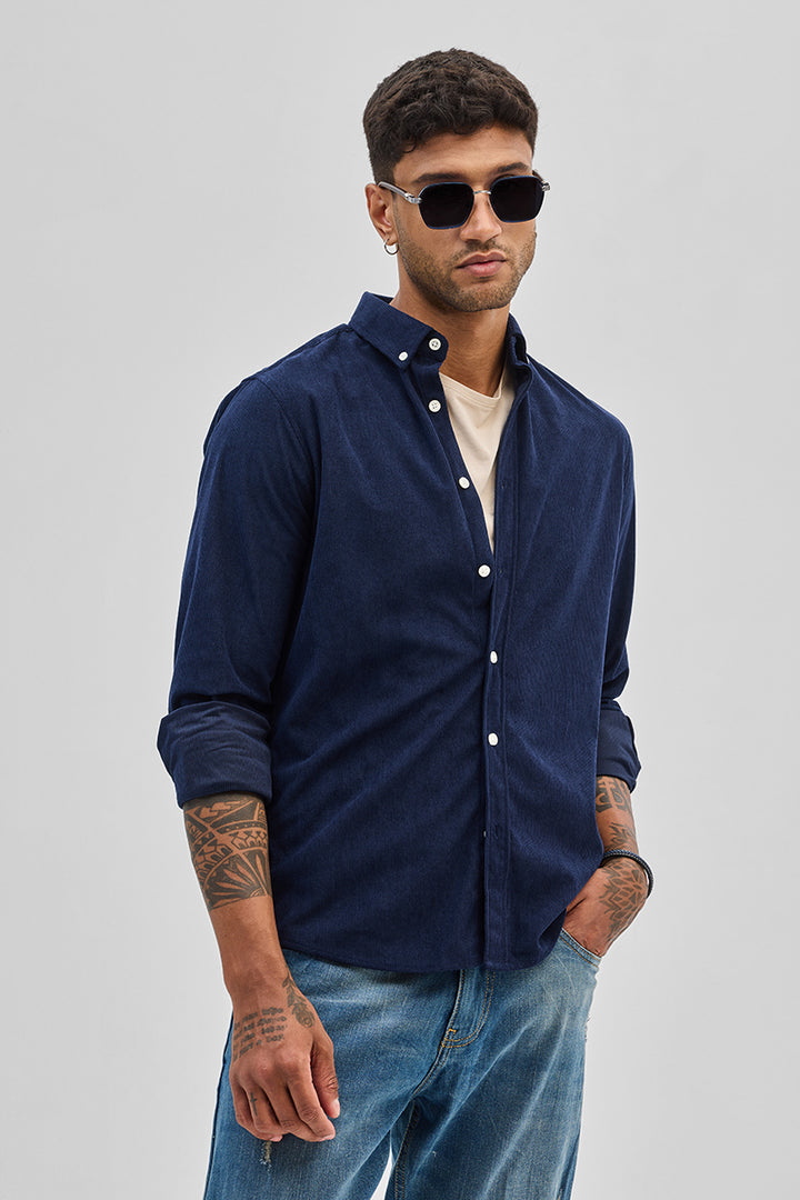 Dark Blue Slim Fit Corduroy Shirt